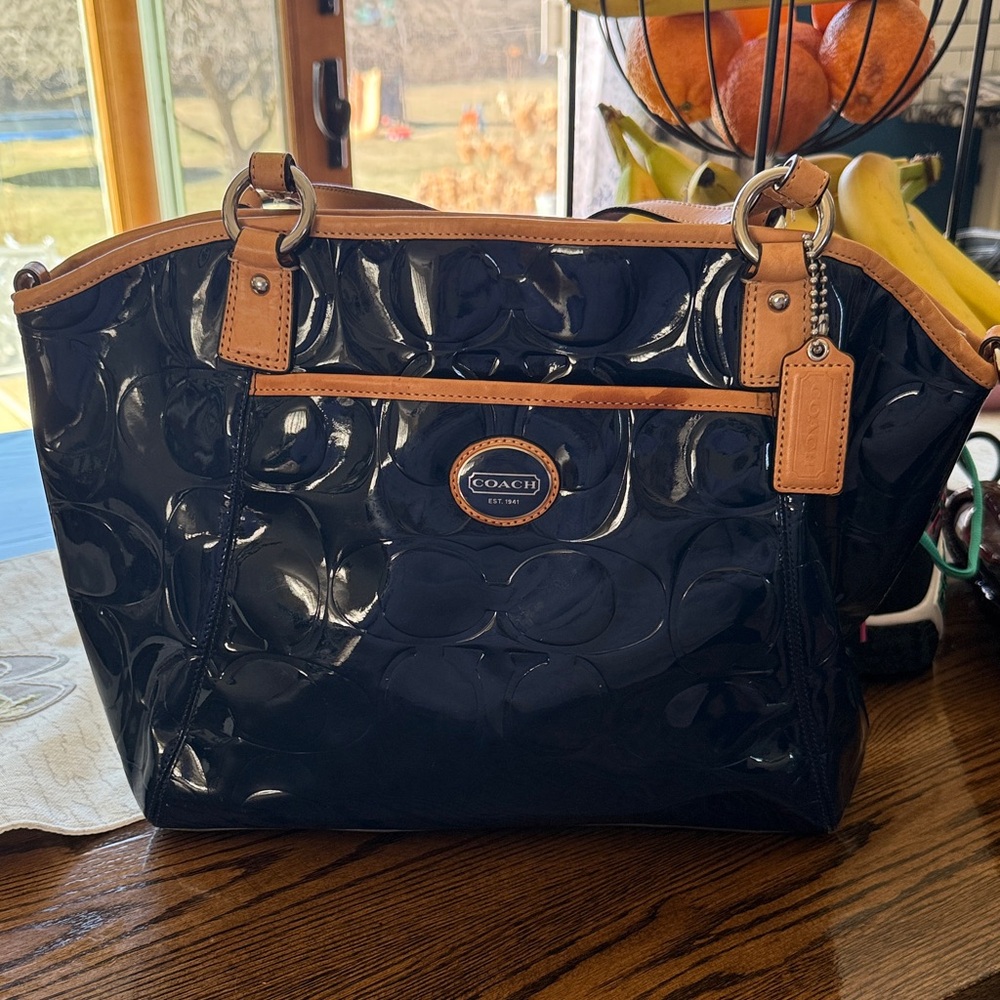 Coach Peyton 2012 Patent Leather Tote Navy and Tan